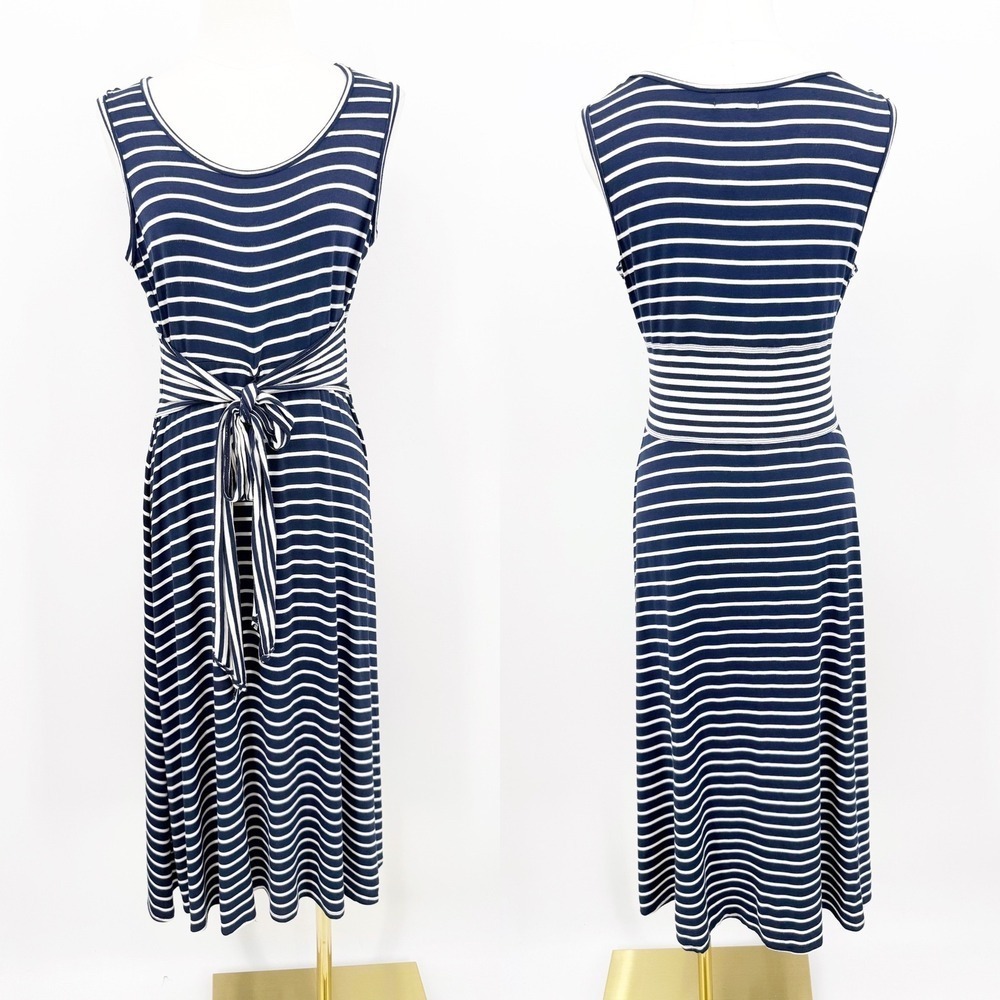 Max Studio Navy White Striped Sleeveless Stretch Tie Waist Midi Dress L Nautical